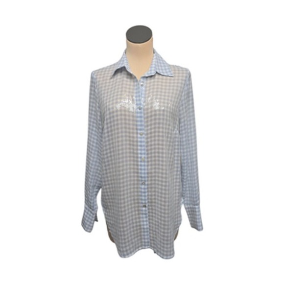Find Me Now Shirt Womens Small Blue Gingham Sequin‎ Sheer Button Up Top Blouse - Picture 1 of 11